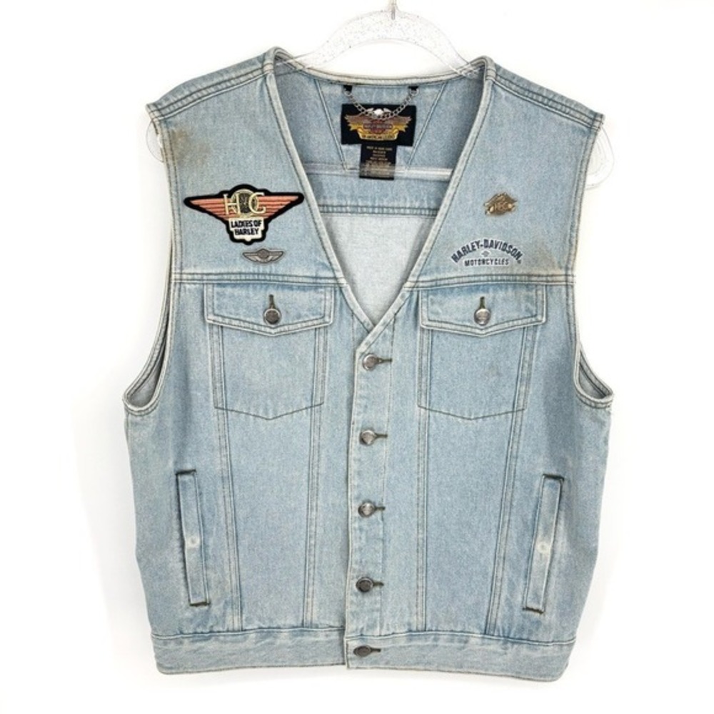 Vintage Harley Davidson Biker Denim Vest Size Medium Patches Pin Motorcycle